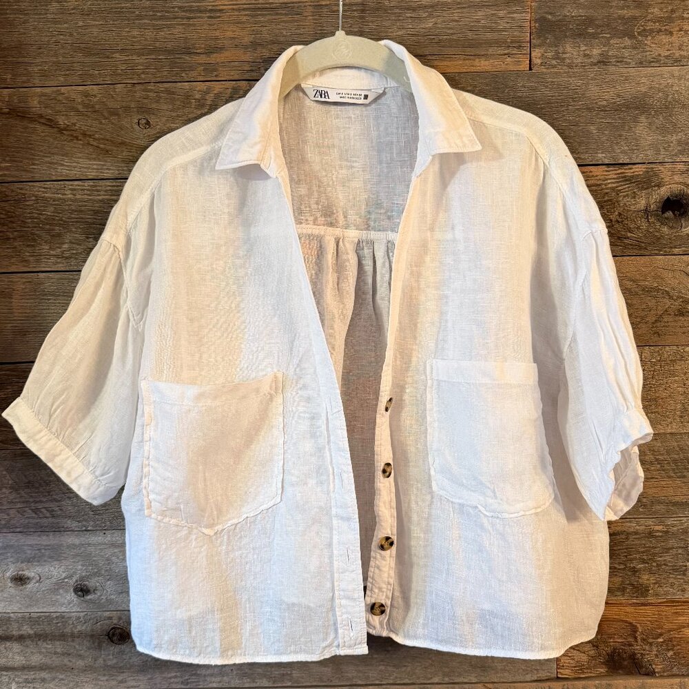 Zara White Linen Cropped Button Down in S